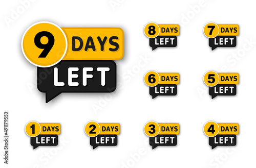 Days Left Badges and Stickers. Countdown of days 1,2,3,4,5,6,7,8,9,0. Sale time countdown. Offer timer, sticker limited to few days. Countdown banner of days to go. Vector illustration. Flat style