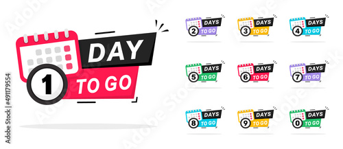 Days Left Badges and Stickers. Countdown of days 1,2,3,4,5,6,7,8,9,0. Sale time countdown. Offer timer, sticker limited to few days. Countdown banner of days to go. Vector illustration. Flat style