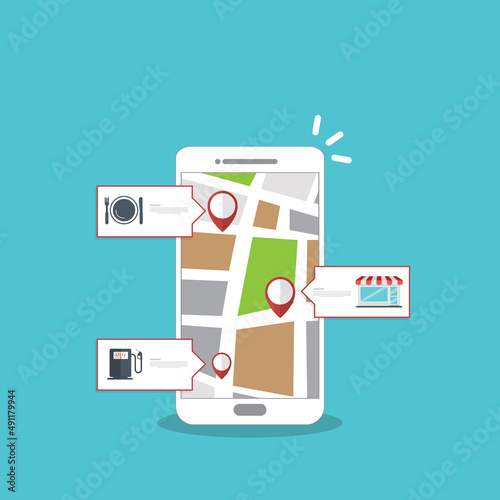 Store locator tracker app. Mobile gps navigation. Vector illustration.	