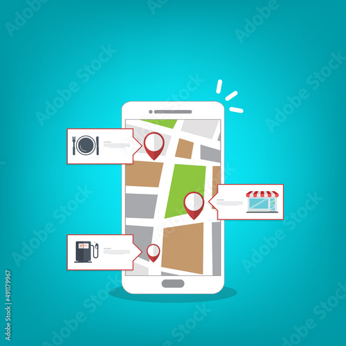 Store locator tracker app. Mobile gps navigation. Vector illustration.	