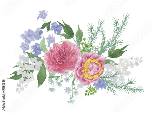 Watercolor painting bouquet with beautiful peony and meadow flowers
