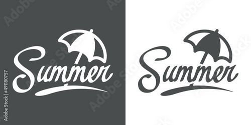 Beach holidays. Destino de vacaciones. Banner con texto manuscrito Summer con silueta de parasol en fondo gris y fondo blanco