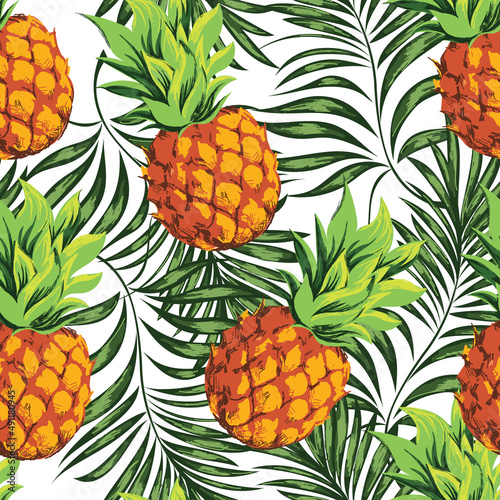 Fototapeta Naklejka Na Ścianę i Meble -  Pineapples. Seamless pattern with ripe and fresh tropical fruits. Vector image.