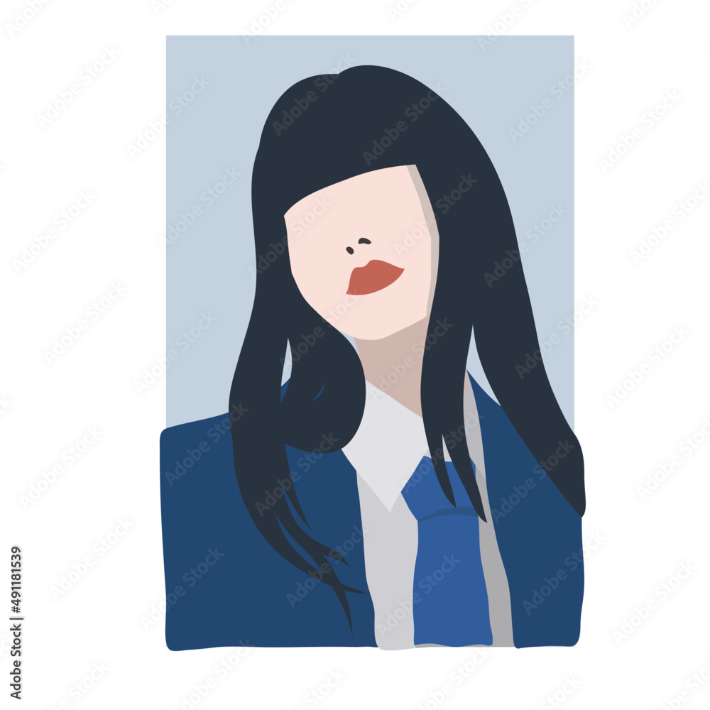 vector illustration girl with long black hair in blue suit no face business woman model