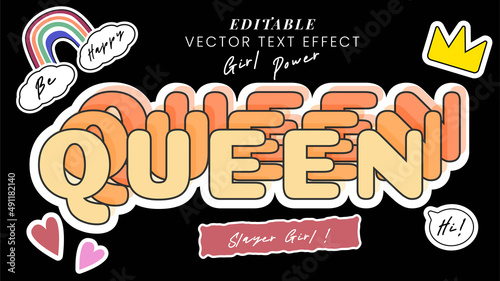 Queen Vintage design. text effect design, cute, 80 - 90's style vibes with patch. black background photo