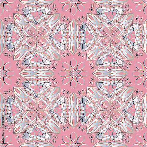 Floral seamless pattern. Ornamental pink vector background. Intricate line art ornaments with silver vintage flowers, leaves, lines, mandalas. Decorative ornate repeat backdrop. Endless texture