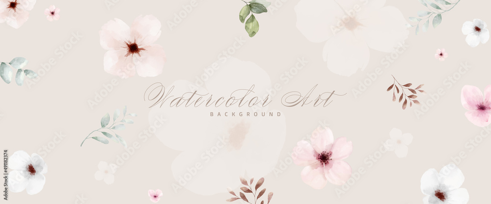 Abstract art watercolor flowers painting for beige background