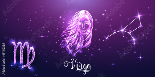 Futuristic Virgo zodiac sign on dark purple background. Glowing low polygonal design vector. 