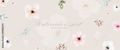 Abstract art watercolor flowers painting for beige background