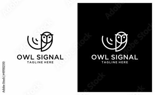 Owl logo and icon signal concept for internet online commerce and education Linear style. on a black and white background.