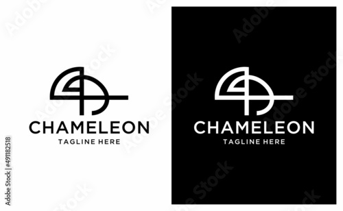chameleon animal line logo design illustration. on a black and white background.