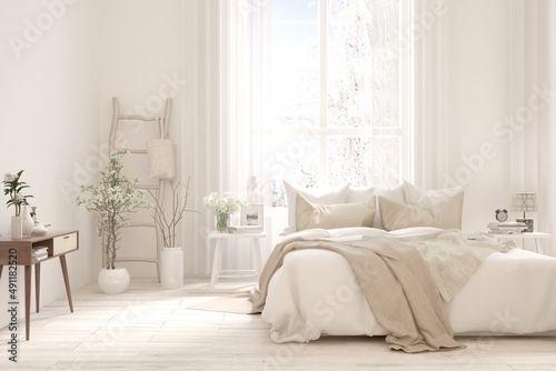 Soft color bedroom interior. Scandinavian design. 3D illustration