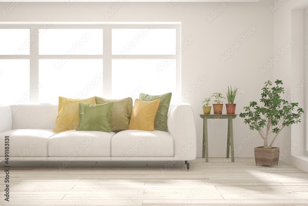 White living room with sofa. Scandinavian interior design. 3D illustration