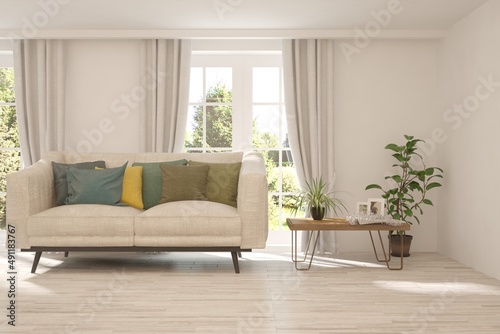 White living room with sofa and summer landscape in window. Scandinavian interior design. 3D illustration