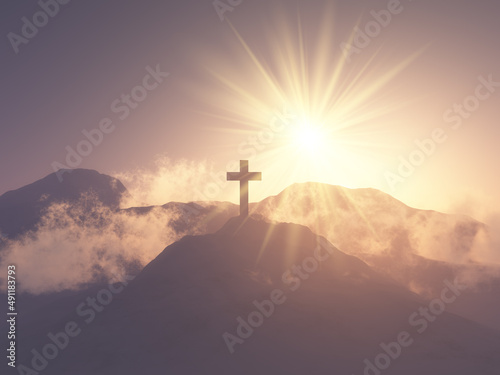 Leinwand Poster 3D landscape with cross on hill - he is risen
