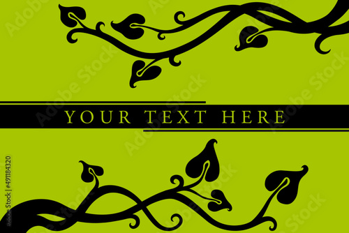 Grafik einer Kletterpflanze, schwarze Zweige auf Grün mit Textrahmen