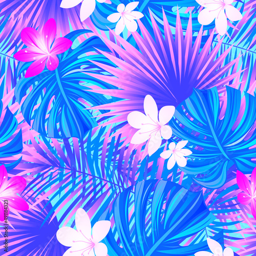 tropical floral vector seamless pattern. Amazon rainforest background in a trendy lilac, very peri, violet colors. tropic illustration with jungle leaves, plants and flowers. Spring, summer design.