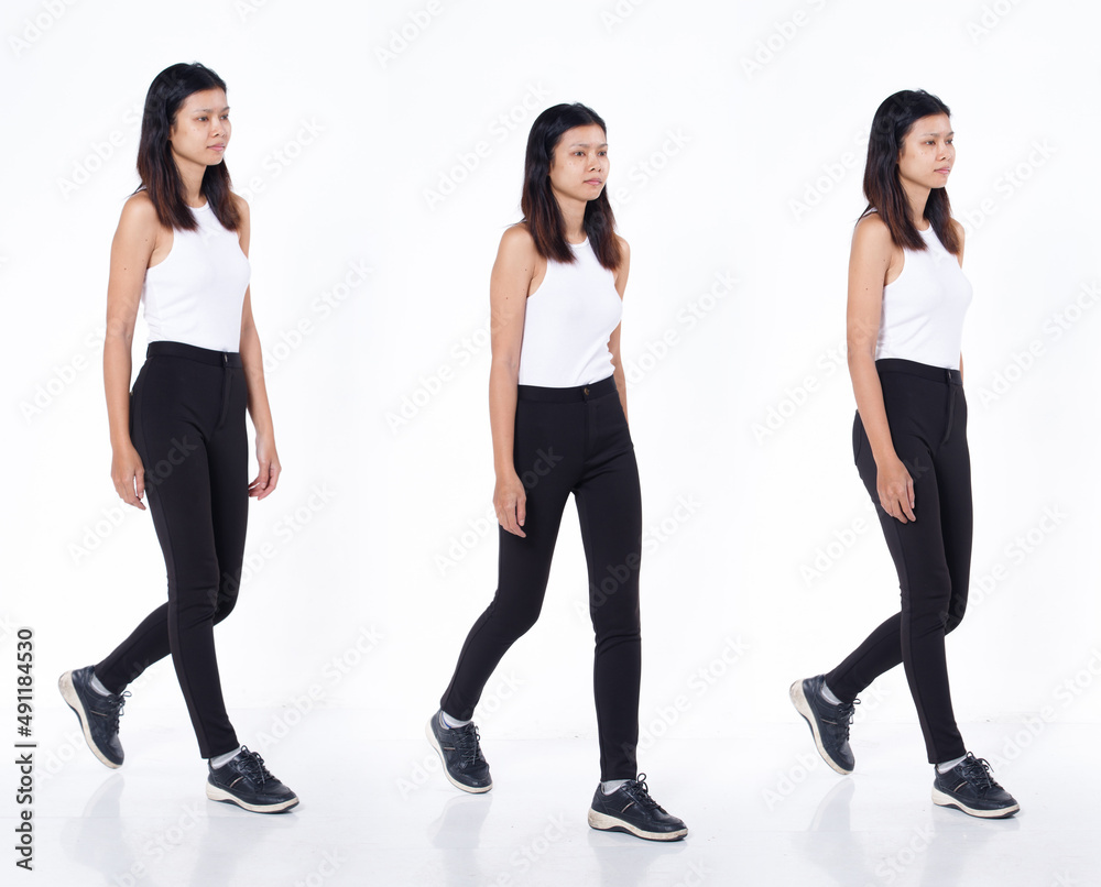 Fototapeta premium Collage group pack of Full Length body Snap Figure Indian Arab casual Woman Stand in black short