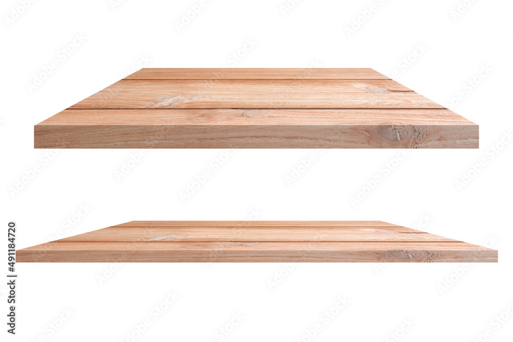 Collection of brown wooden shelves on isolated white background. for design exhibit and decorate scene for placing products. light brown tone Collection of brown wooden shelves on isolated white background. for design exhibit and decorate scene for placing products. light brown tone