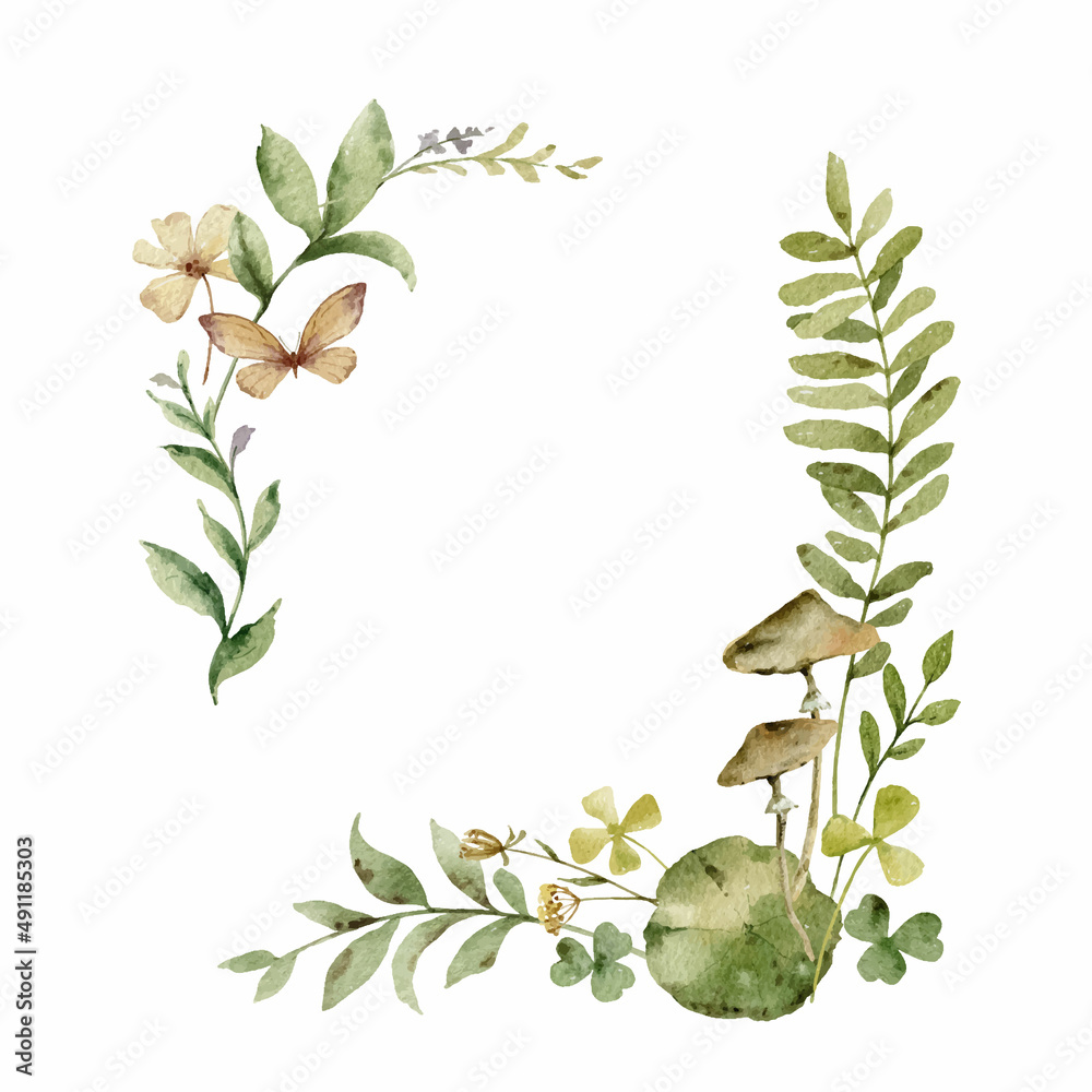Naklejka premium Watercolor wreath with green forest foliage and flowers.
