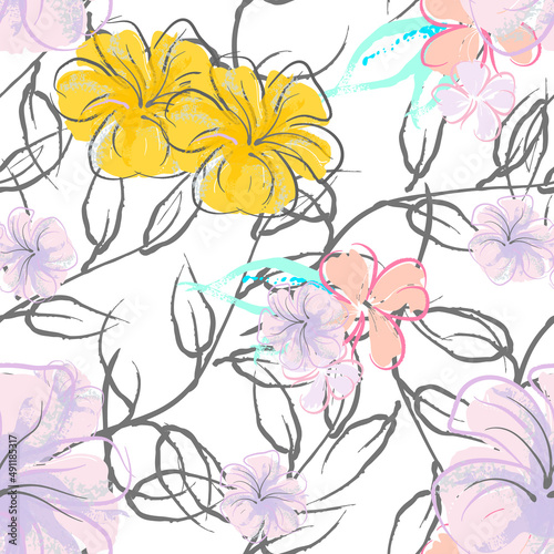 Pink Flowers Blooming Pattern. Pastel Watercolor.