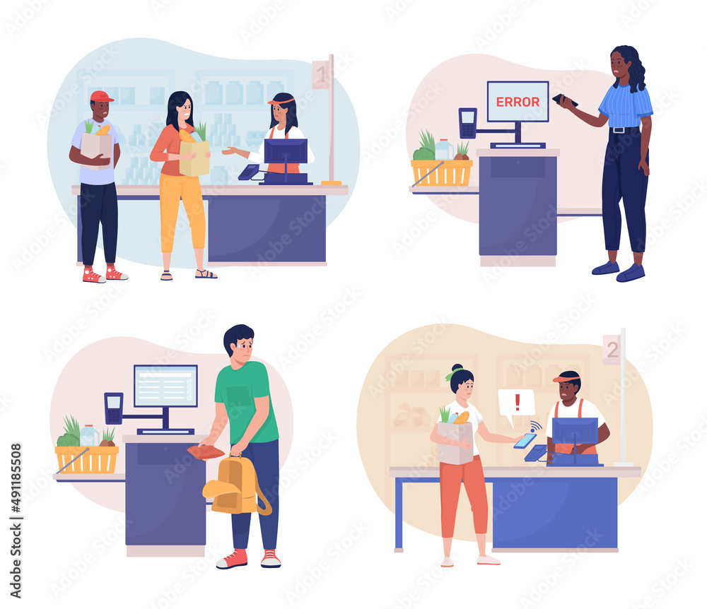 Life situations 2D vector isolated illustrations set. Upset and angry people flat characters on cartoon background. Grocery shopping colourful scenes for mobile, website, presentation collection