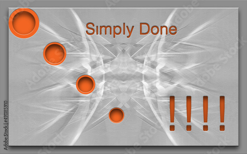 Simply Done message in textured 3D with red-ringed globes on a grey patterned background