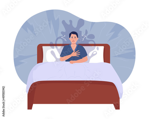 Nocturnal panic attack 2D vector isolated illustration. Man suddenly awakes flat character on cartoon background. Experience fear while sleeping colourful scene for mobile, website, presentation