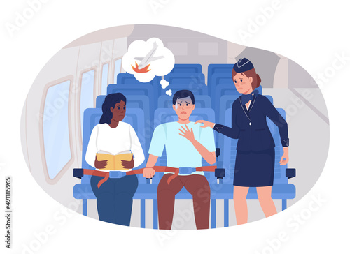 Panic attack during flight 2D vector isolated illustration. Man scared in plane flat characters on cartoon background. Reassuring air hostess colourful scene for mobile, website, presentation