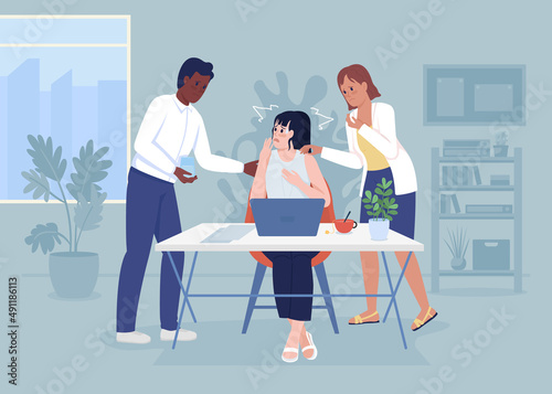 Panic attack at office flat color vector illustration. Reassuring colleagues. Mental health. Woman experiences stress at work 2D simple cartoon characters with workspace on background