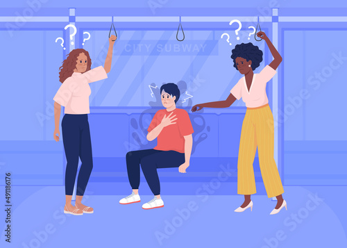 Panic attack on public transport flat color vector illustration. Man experiences stress. Mental health. Reassuring strangers 2D simple cartoon characters with transport on background
