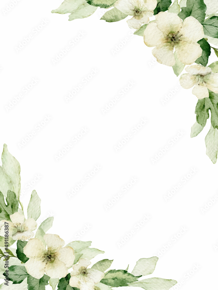 Naklejka premium Watercolor card with green forest foliage and flowers.