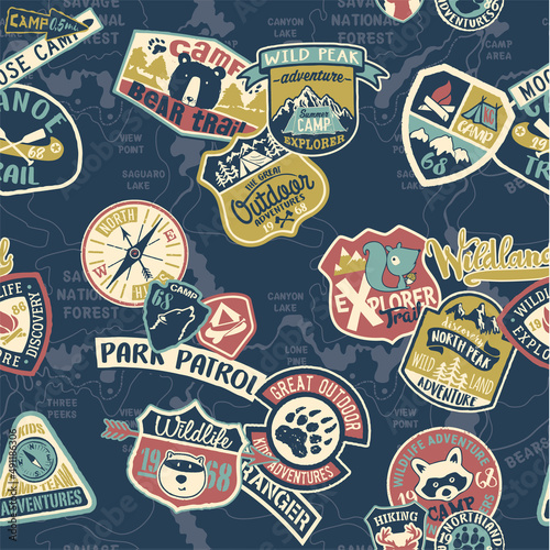 Cute outdoor adventure camping badge patchwork abstract vector print seamless pattern for children wear shirt pajamas