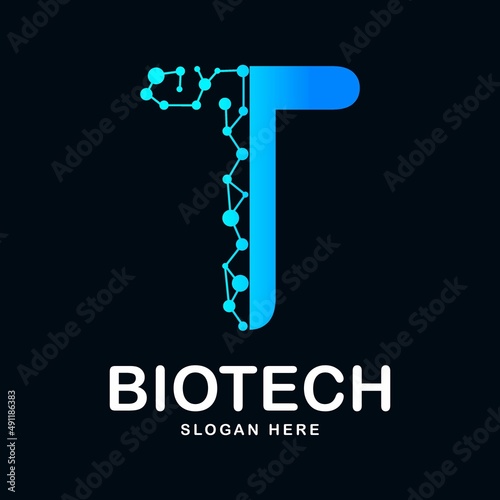 Letter T abstract biotech icon vector design logo. Suitable for biotechnology molecule atom DNA chip symbol, Medicine, science, technology, laboratory, 