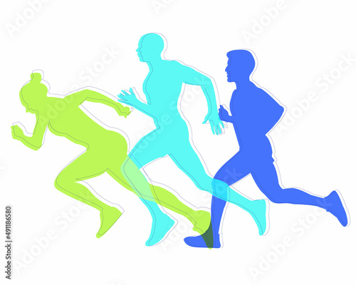 Sports athletics  running. Healthy lifestyle. Silhouettes of running people in the color blue  light blue  green. For the design of banners  posters  sports topics.
