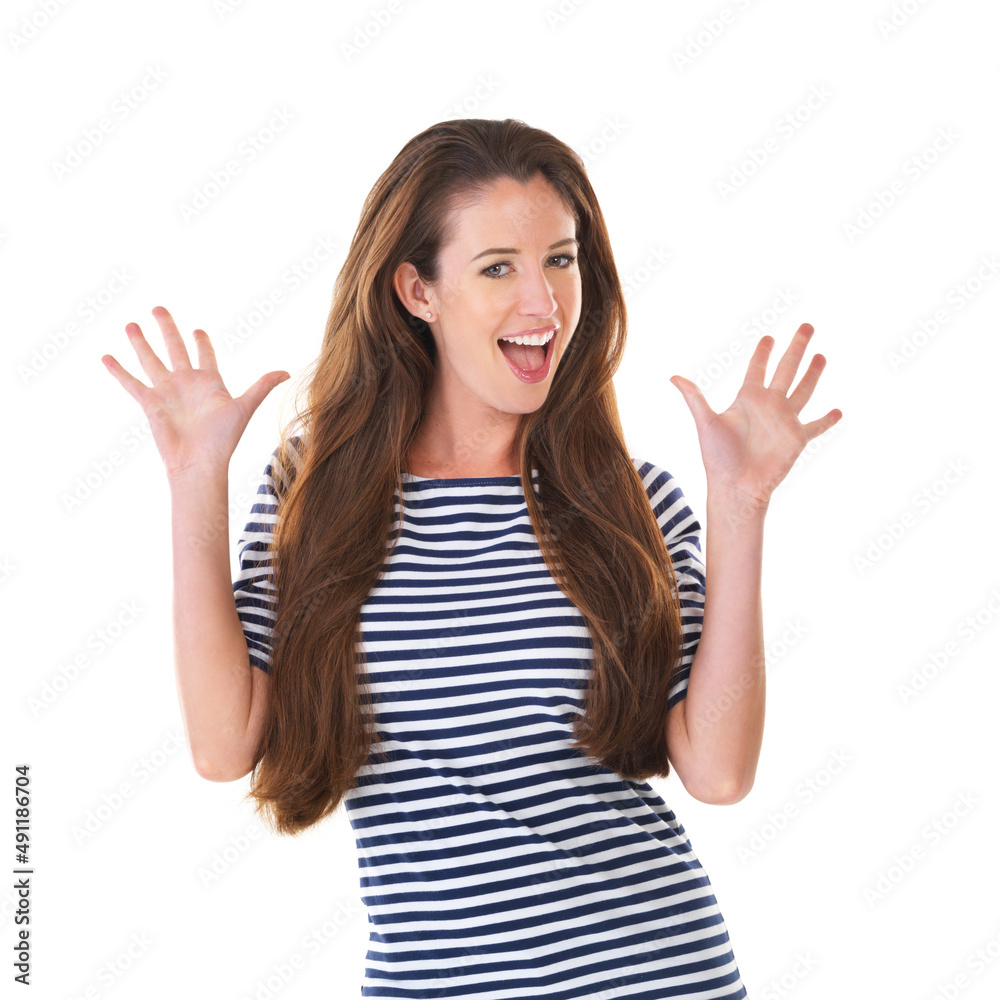 Its a feel good day. Studio shot of a smiling young woman with her hands in the air isolated on white. Its a feel good day. Studio shot of a smiling young woman with her hands in the air isolated on white.