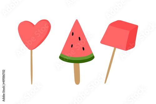 Watermelon cube on toothpick clipart, summer ripe fruit. Watermelon party. © fancykeith