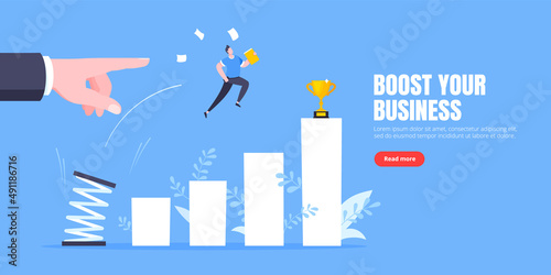 Business mentor helps to improve career with springboard vector illustration. Business person jumps above career ladder graph. Success growth  motivation opportunity  boost career concept.