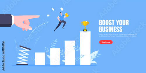 Business mentor helps to improve career with springboard vector illustration. Business person jumps above career ladder graph. Success growth, motivation opportunity, boost career concept.