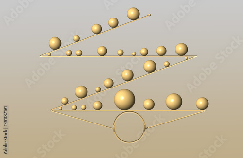 An abstract cart with levels holding golden various sized globes on a  light golden background