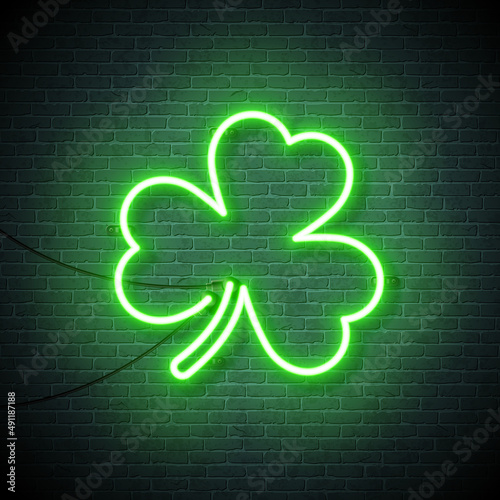 Saint Patrick's Day Illustration with Glowing Clover Leaves Shape Neon Lights on Brick Wall Background. Irish Traditional St. Patricks Day Lucky Celebration Vector Design for Flyer, Greeting Card, Web