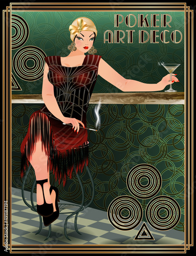 Clubs poker card with brunette woman art deco style, vector illustration