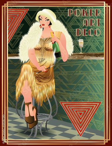 Hearts poker card with fashion  woman art deco style, vector illustration
