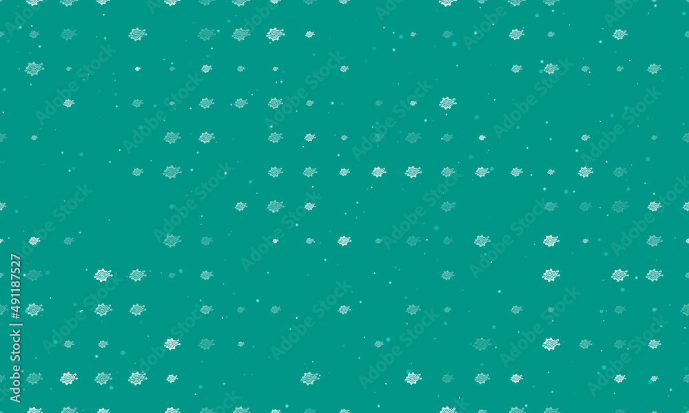 Seamless background pattern of evenly spaced white digital tech symbols of different sizes and opacity. Vector illustration on teal background with stars