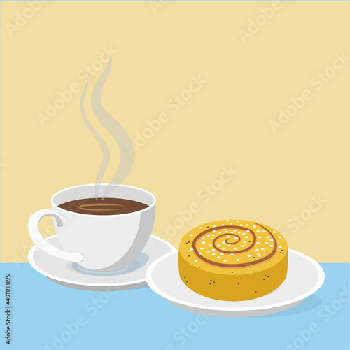 Swedish Fika, hot black coffee and cinnamon bun decorated with powdered sugar.