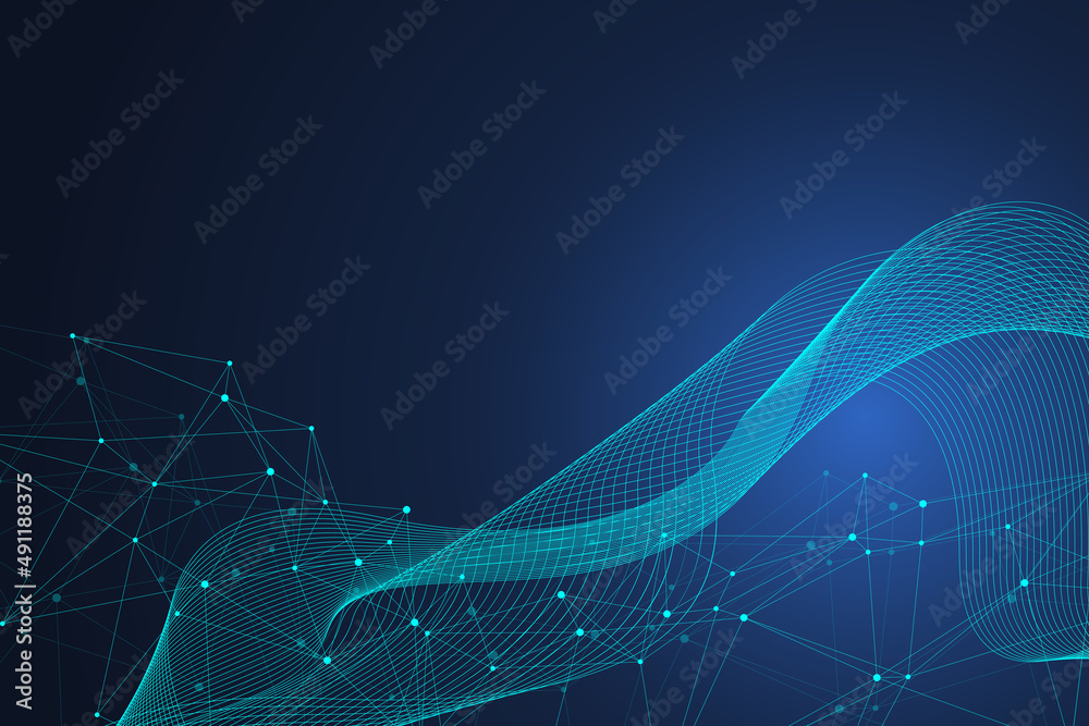 Abstract plexus background with connected lines and dots. Wave flow ...