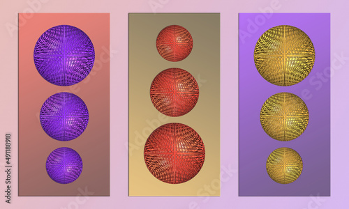 Set of different 3D sized and coloured globes on opposing background panels