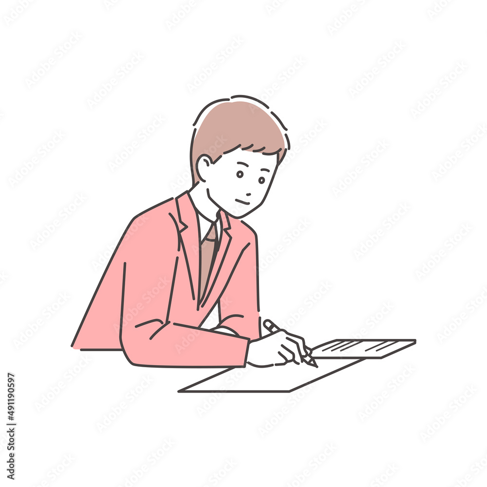 机で勉強する学生　3色