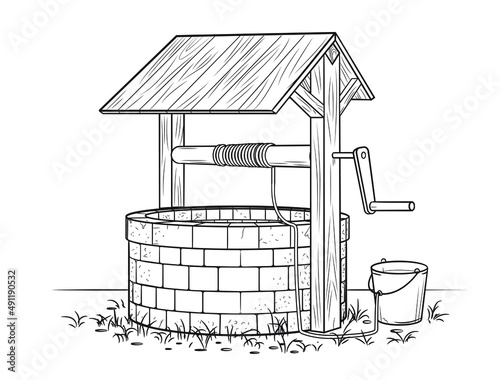 Water well - stock outline illustration of water access infrastructure