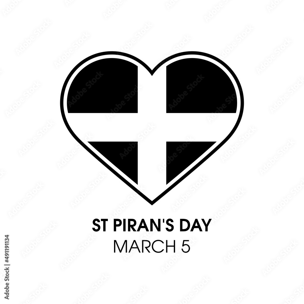 Obraz premium St Piran's Day Poster with Cornwall flag vector. Flag of Cornwall in heart shape vector isolated on a white background. Abstract Saint Piran's Flag icon. National day of Cornwall, March 5